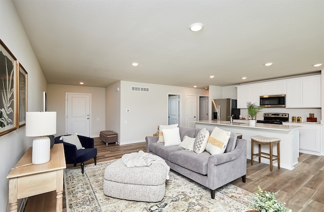 living room featuring sink and light wood-type flooring