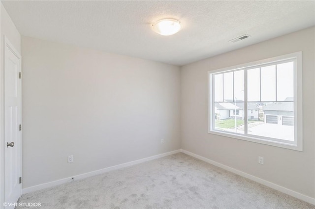 empty room featuring a textured ceiling and light colored carpet