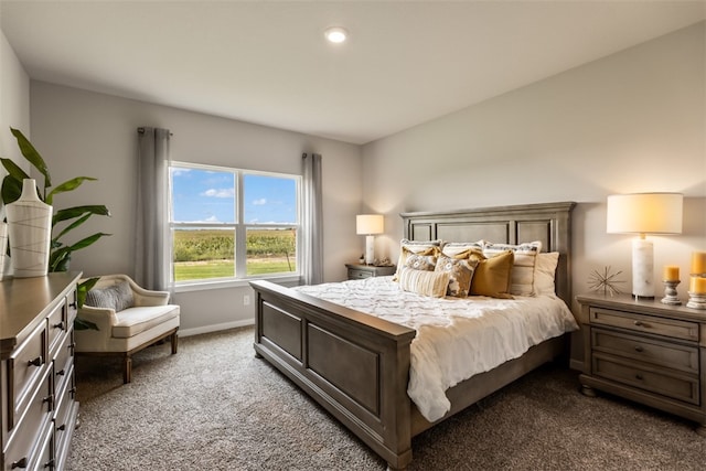 bedroom featuring dark carpet