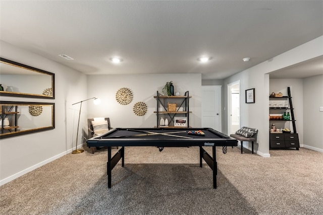 rec room featuring baseboards, light carpet, visible vents, and pool table