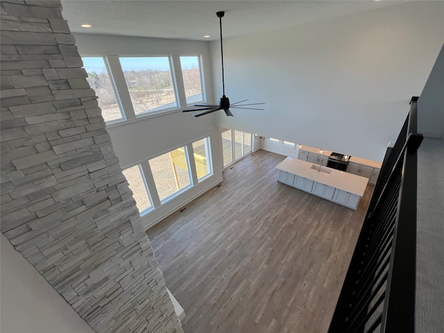 living room featuring hardwood / wood-style floors and ceiling fan