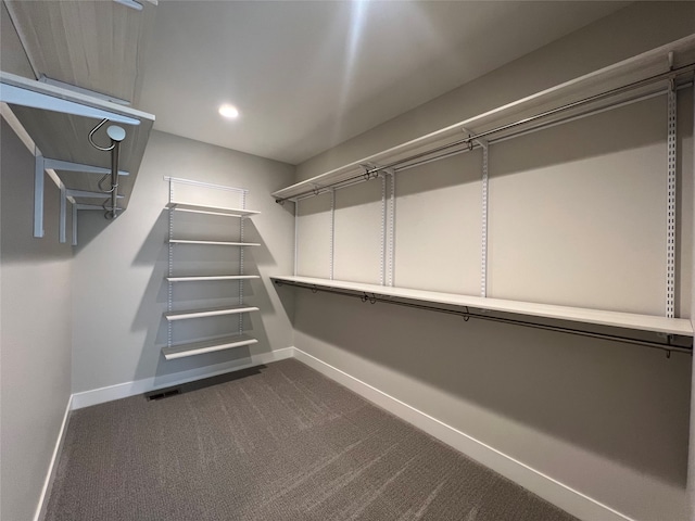 spacious closet featuring dark carpet