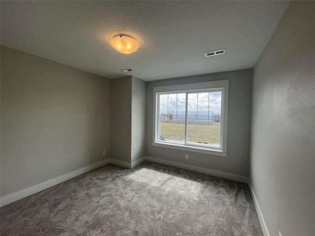 unfurnished room with a textured ceiling and carpet floors