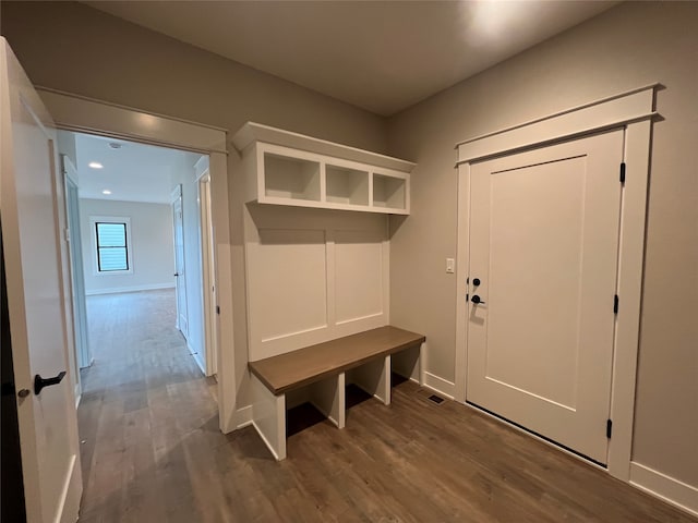 mudroom featuring dark wood-type flooring