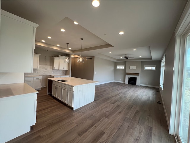 kitchen with dark hardwood / wood-style flooring, pendant lighting, a center island, a tray ceiling, and white cabinetry