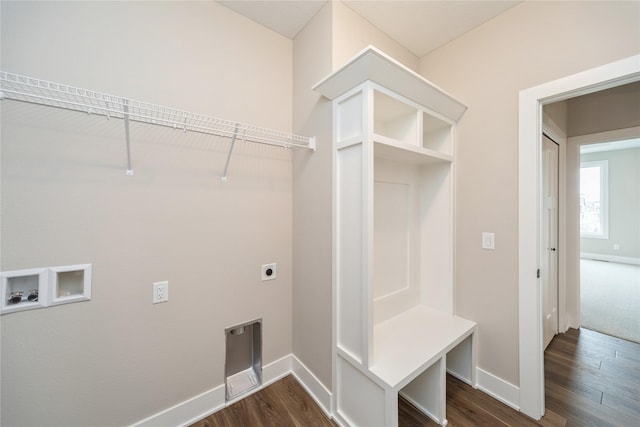 washroom featuring washer hookup, dark hardwood / wood-style flooring, and hookup for an electric dryer