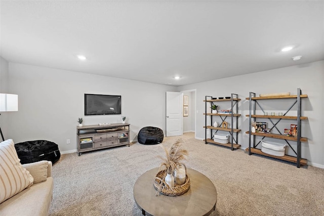 living room featuring light carpet