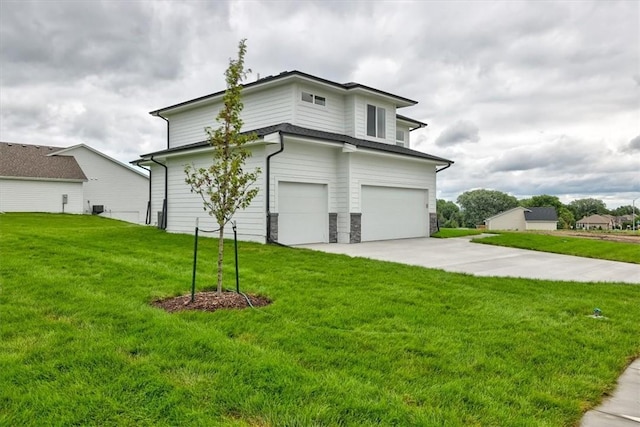 view of property exterior featuring a garage and a lawn