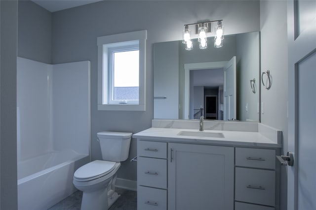 full bathroom with bathtub / shower combination, vanity, toilet, and tile patterned flooring