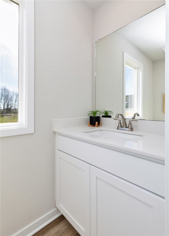 bathroom featuring vanity with extensive cabinet space and hardwood / wood-style flooring