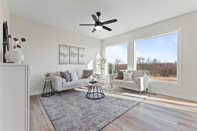 living room with ceiling fan and light hardwood / wood-style flooring