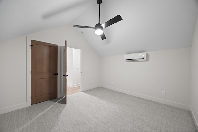 bonus room featuring an AC wall unit, ceiling fan, light colored carpet, and vaulted ceiling