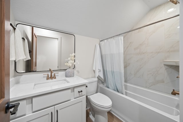 full bathroom with vanity, shower / bath combination with curtain, toilet, and a textured ceiling