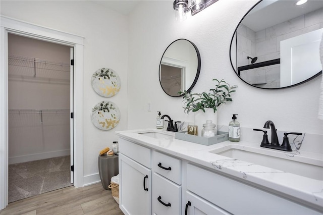 bathroom with hardwood / wood-style floors and vanity