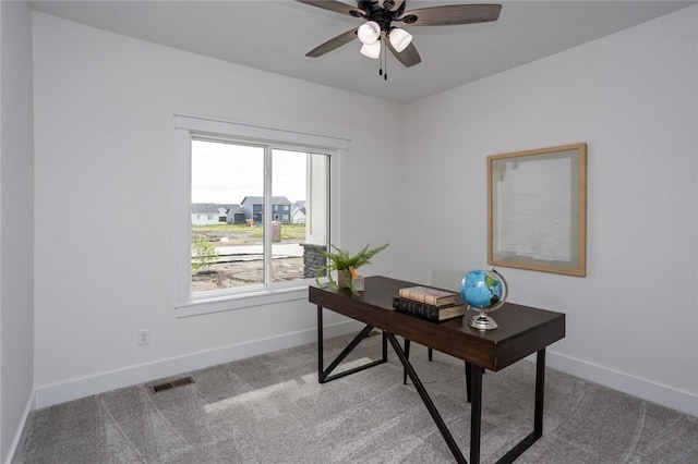 office area with carpet flooring and ceiling fan