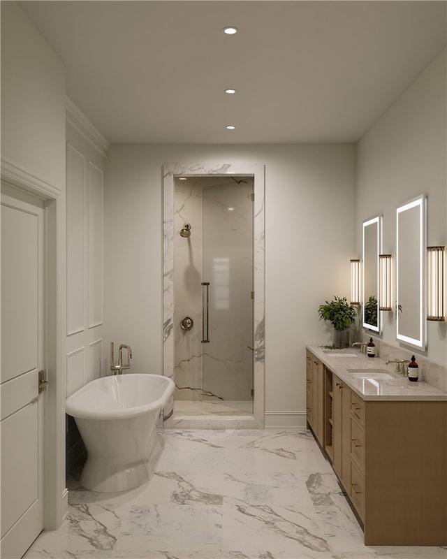 bathroom featuring vanity, tile patterned flooring, and separate shower and tub