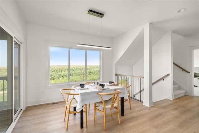 dining room featuring light hardwood / wood-style floors and a textured ceiling