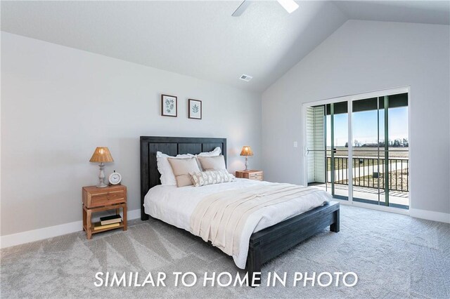 bedroom featuring access to exterior, ceiling fan, carpet flooring, and high vaulted ceiling