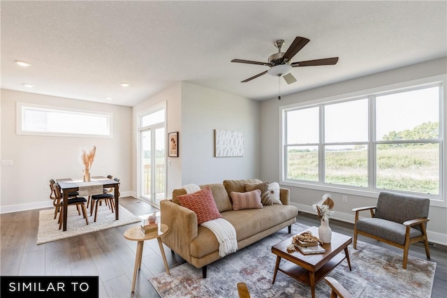 living room with plenty of natural light, baseboards, and wood finished floors