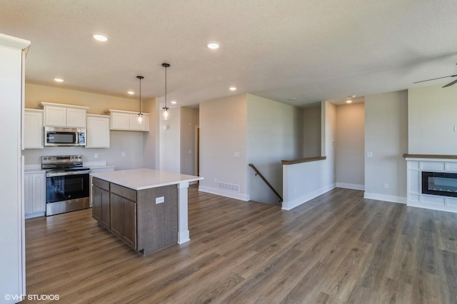 kitchen with stainless steel appliances, wood finished floors, white cabinetry, open floor plan, and a glass covered fireplace