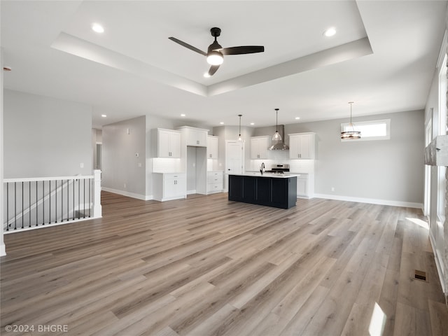 unfurnished living room featuring light hardwood / wood-style floors, ceiling fan, a raised ceiling, and sink