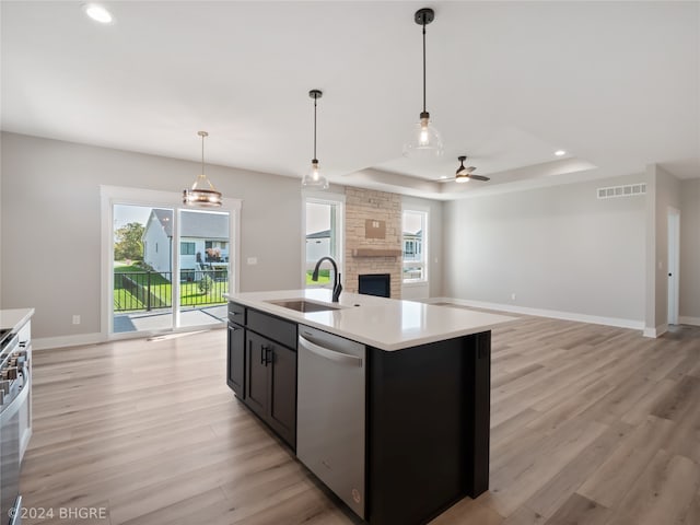 kitchen with light hardwood / wood-style flooring, appliances with stainless steel finishes, sink, and plenty of natural light