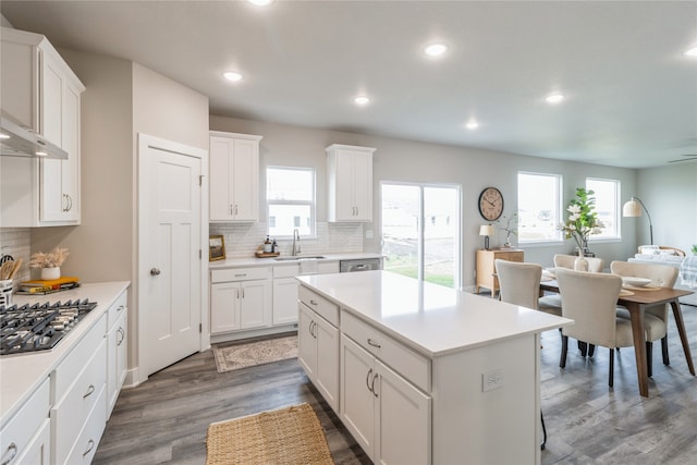 kitchen featuring appliances with stainless steel finishes, plenty of natural light, dark hardwood / wood-style floors, and white cabinets