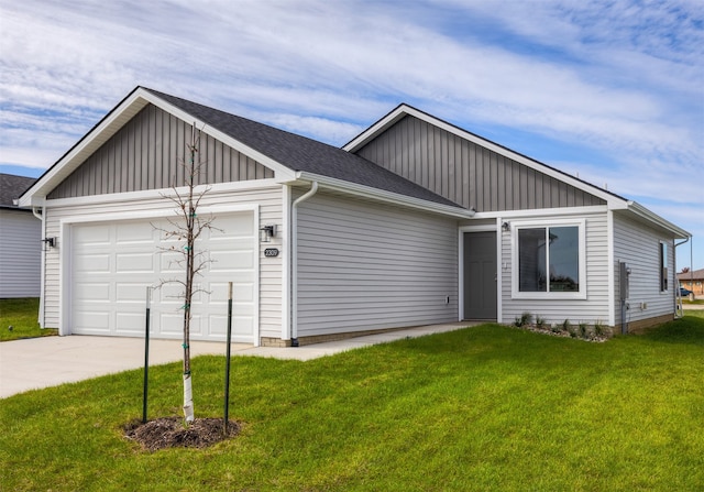 single story home with a front lawn and a garage