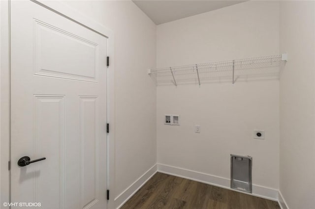 clothes washing area featuring electric dryer hookup, hookup for a washing machine, and dark hardwood / wood-style flooring