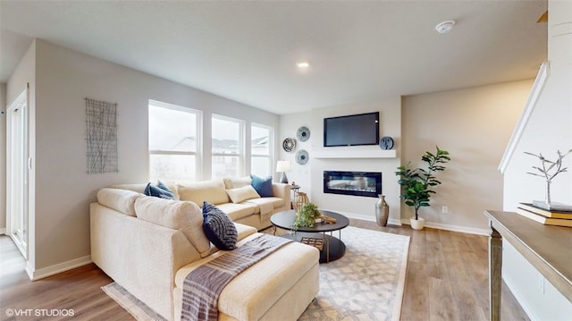 living area featuring a glass covered fireplace, baseboards, and wood finished floors