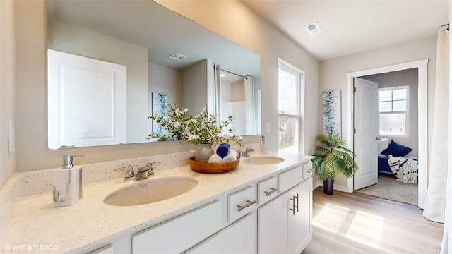 full bath with a wealth of natural light, visible vents, a sink, and double vanity