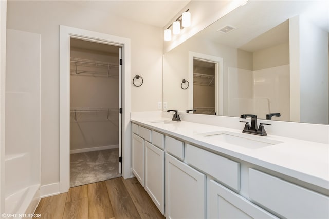 bathroom with vanity and wood-type flooring