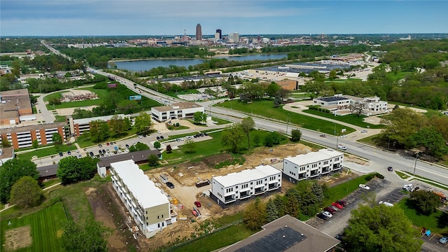 bird's eye view with a water view