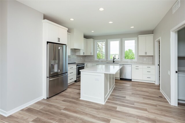 kitchen with a kitchen island, appliances with stainless steel finishes, white cabinetry, and backsplash