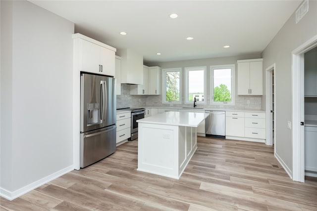 kitchen with a center island, appliances with stainless steel finishes, white cabinetry, and backsplash