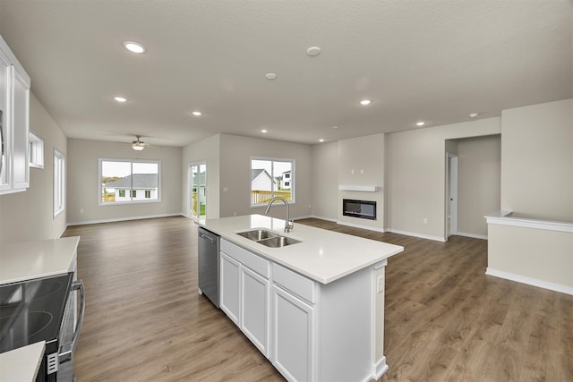 kitchen featuring appliances with stainless steel finishes, a healthy amount of sunlight, sink, and a center island with sink