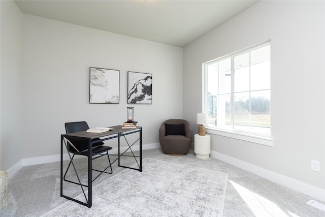 home office with light colored carpet