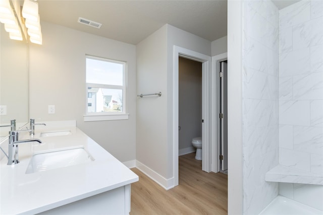 bathroom featuring vanity, wood-type flooring, and toilet