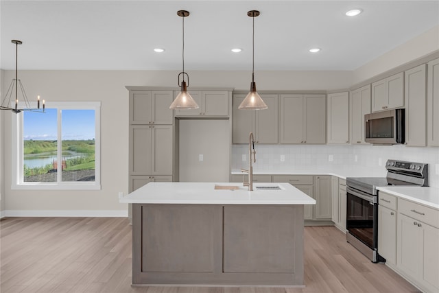 kitchen with a kitchen island with sink, sink, hanging light fixtures, and appliances with stainless steel finishes