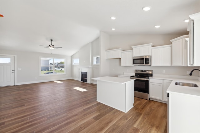 kitchen with wood-type flooring, sink, lofted ceiling, stainless steel appliances, and ceiling fan