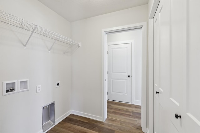1204 Deer Ridge Dr NW, Bondurant, IA 50035 - washroom featuring dark wood-style floors, baseboards, hookup for a washing machine, electric dryer hookup, and laundry area