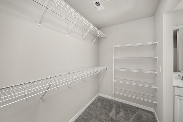 walk in closet featuring dark colored carpet