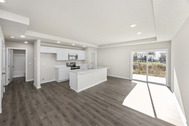 kitchen with a center island with sink, sink, appliances with stainless steel finishes, white cabinets, and dark hardwood / wood-style flooring