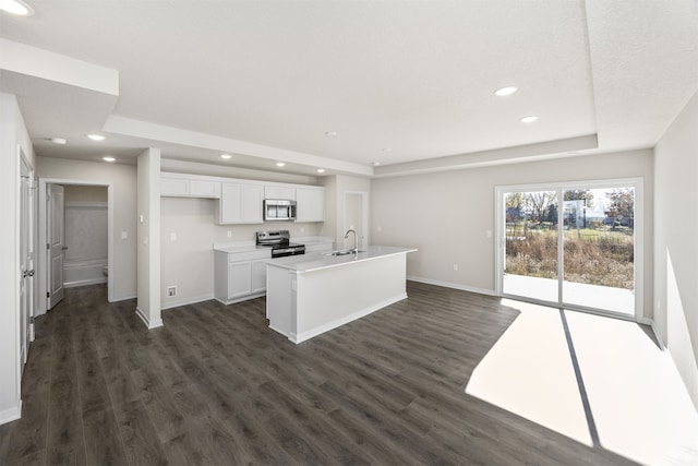 kitchen with appliances with stainless steel finishes, an island with sink, dark hardwood / wood-style floors, and white cabinets