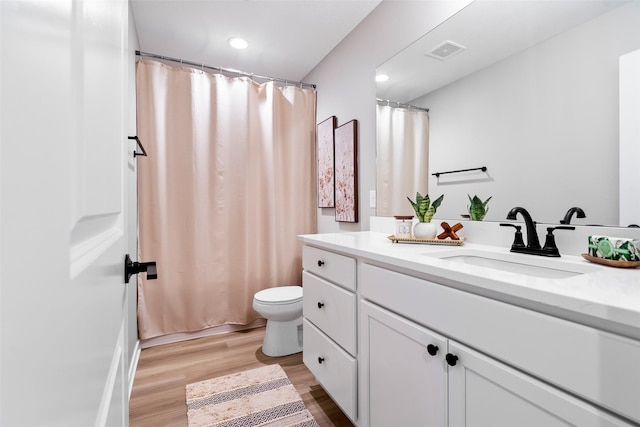 bathroom featuring toilet, vanity, and wood-type flooring