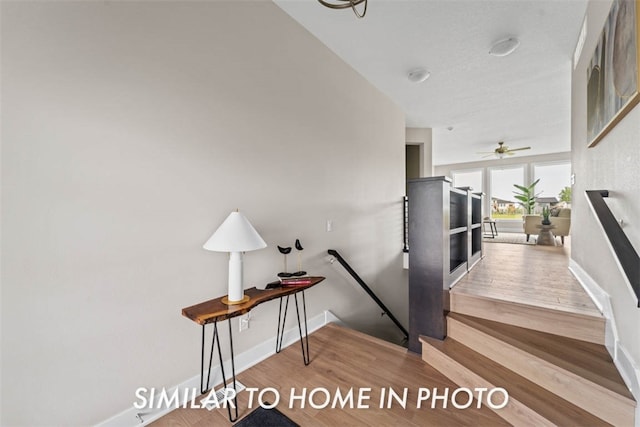 stairway with ceiling fan and wood-type flooring