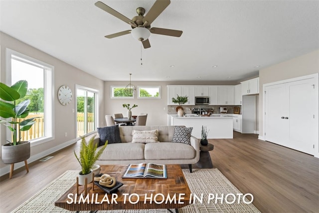 living room with ceiling fan and wood-type flooring