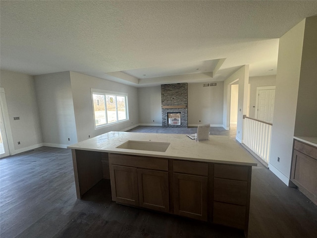 kitchen with a fireplace, dark hardwood / wood-style floors, a kitchen island, and sink