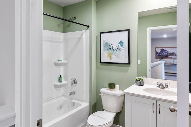 bathroom featuring visible vents, shower / bath combination, vanity, and toilet