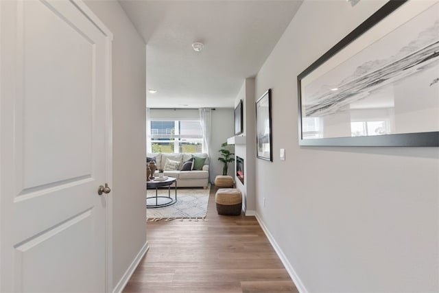 hallway featuring baseboards and wood finished floors